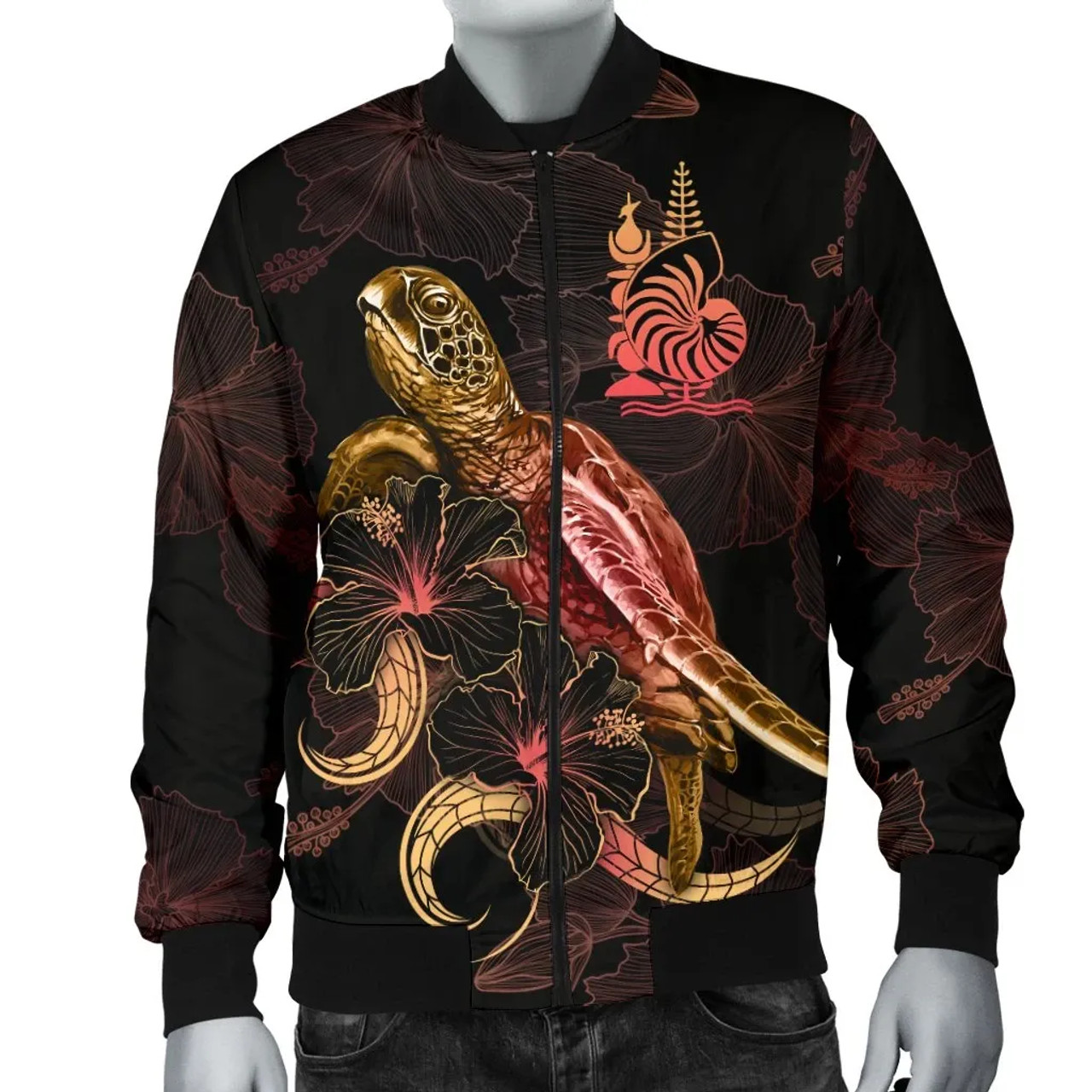 New Caledonia Polynesian Bomber Jacket - Turtle With Blooming Hibiscus Gold 4