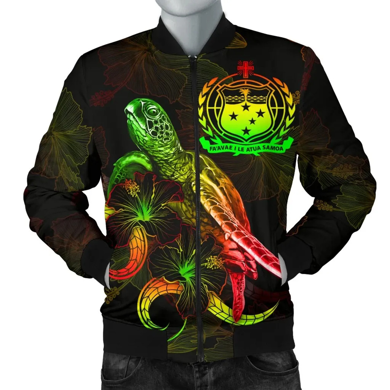 Samoa Polynesian Bomber Jacket - Turtle With Blooming Hibiscus Reggae 1