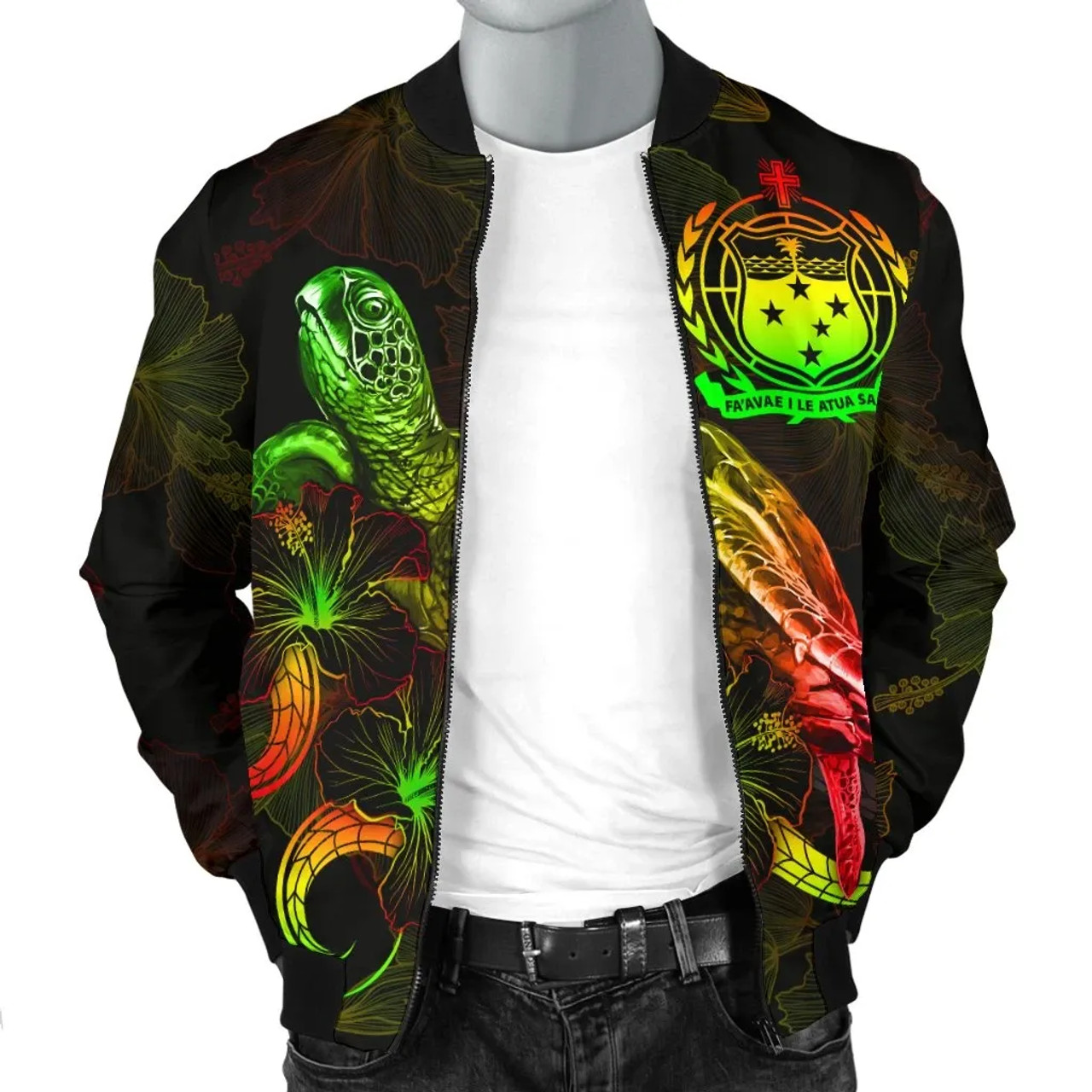 Samoa Polynesian Bomber Jacket - Turtle With Blooming Hibiscus Reggae 3