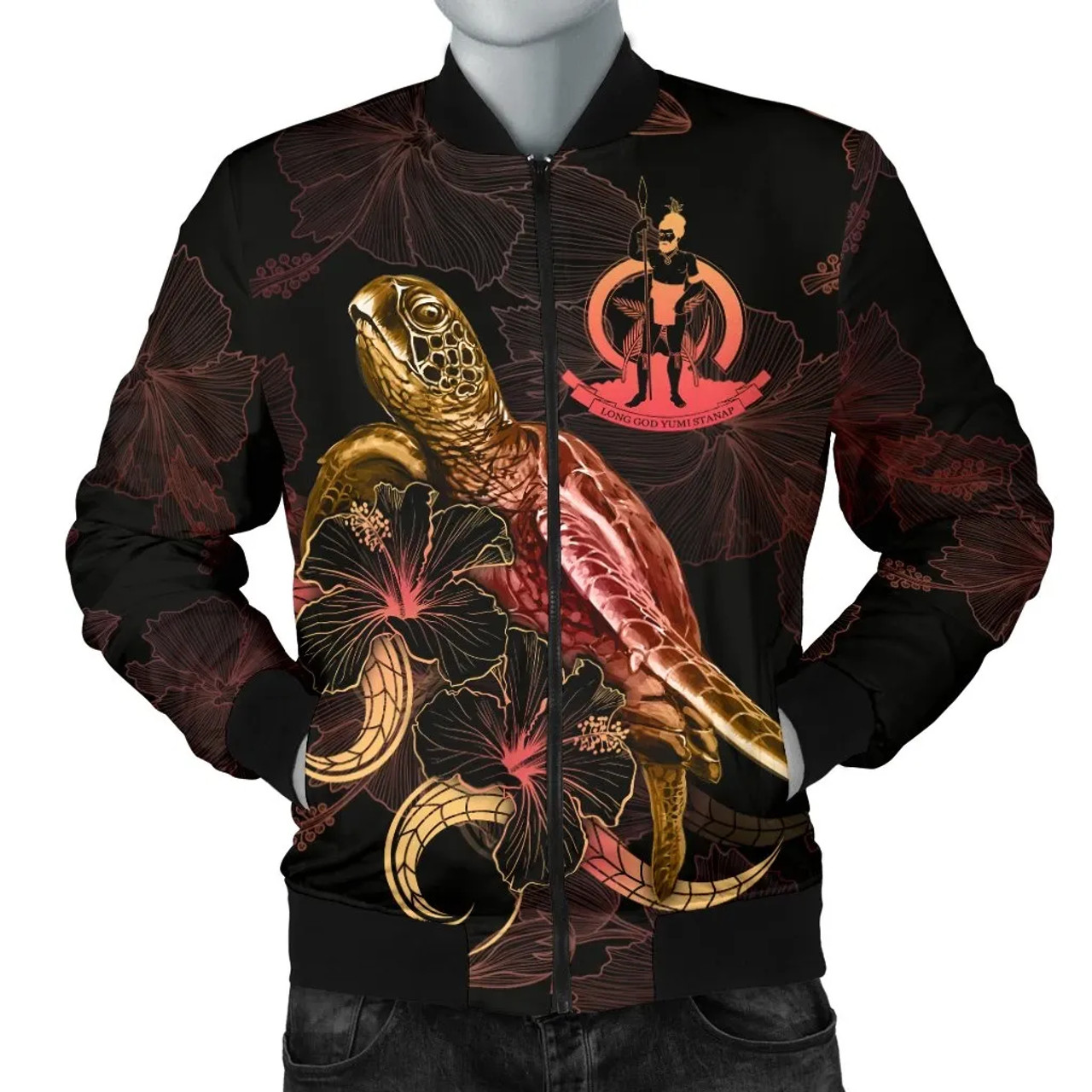 Vanuatu Polynesian Bomber Jacket - Turtle With Blooming Hibiscus Gold 1