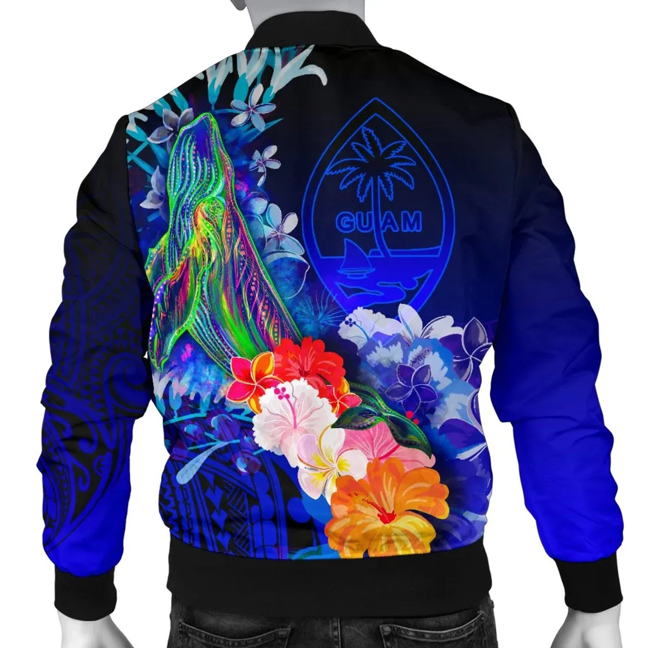 Guam Bomber Jacket - Humpback Whale with Tropical Flowers (Blue) 2