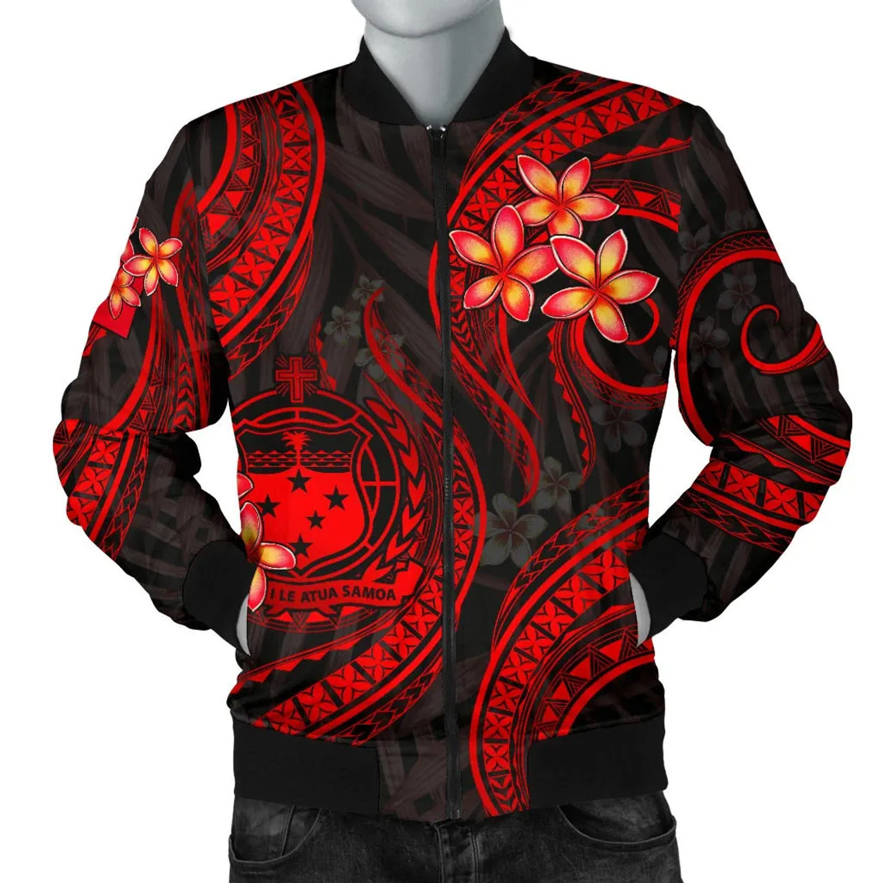 Samoa Polynesian Bomber Jacket - Red Plumeria 4