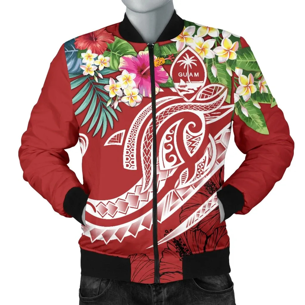 Guam Polynesian Bomber Jacket- Summer Plumeria (Black) 1