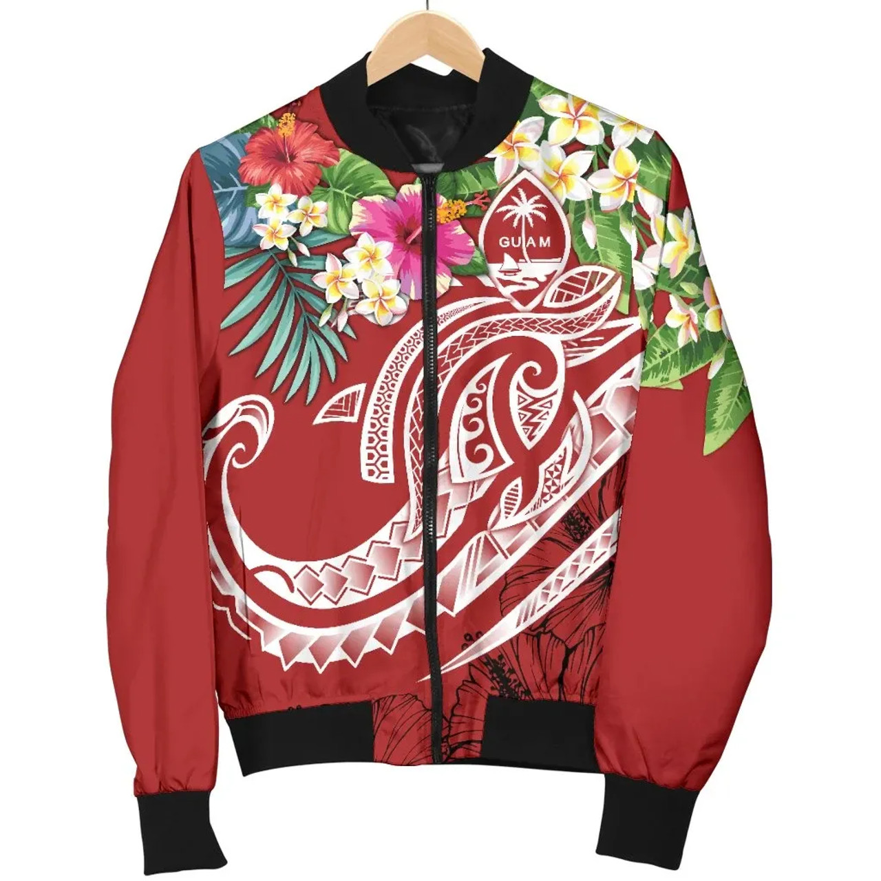 Guam Polynesian Bomber Jacket- Summer Plumeria (Black) 5