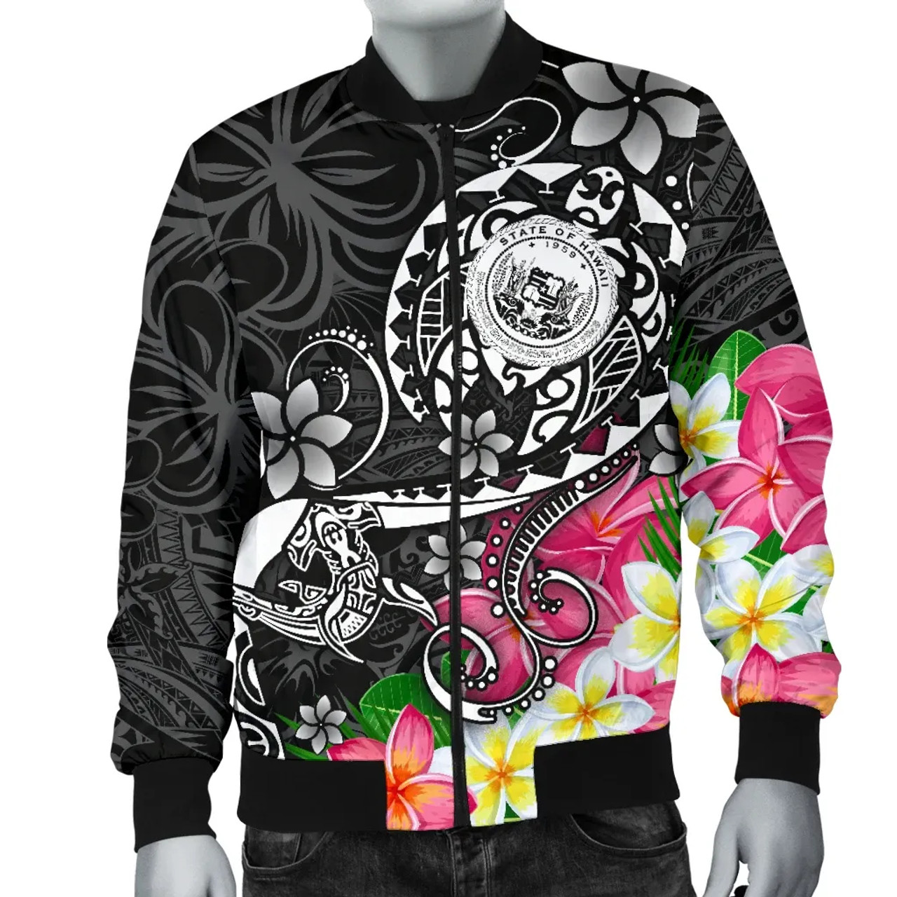 Hawaii Polynesian Bomber Jacket - Hawaii Seal With Turtle Plumeria (Black) 4