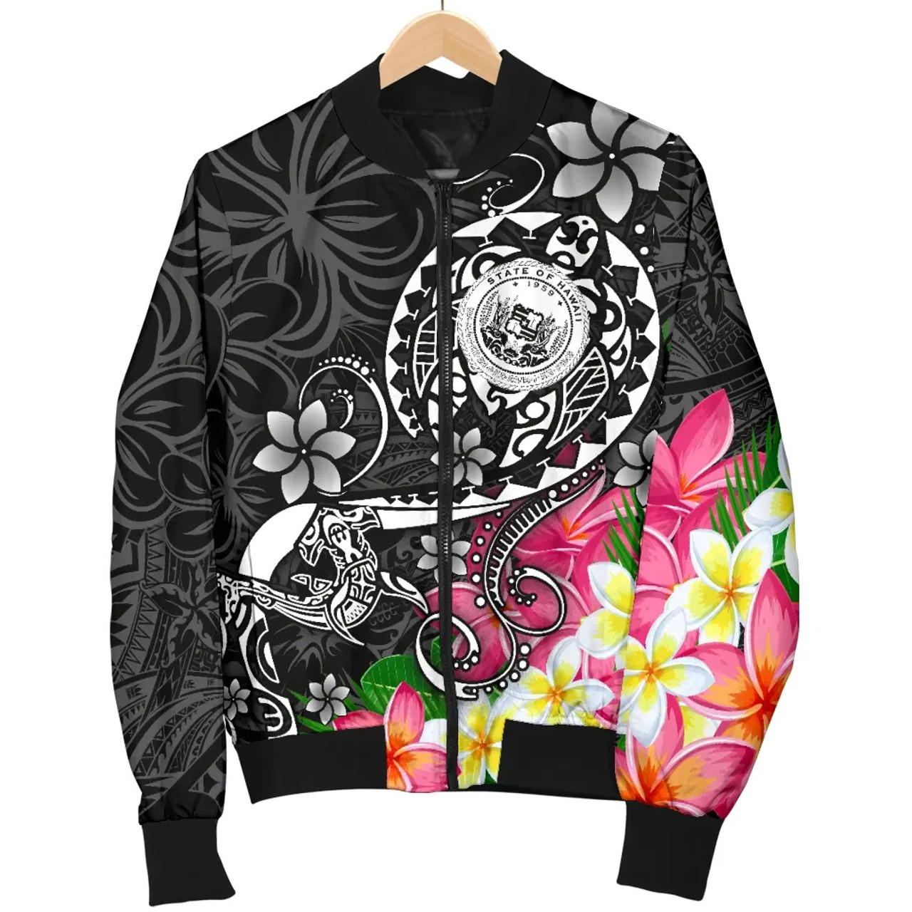 Hawaii Polynesian Bomber Jacket - Hawaii Seal With Turtle Plumeria (Black) 5