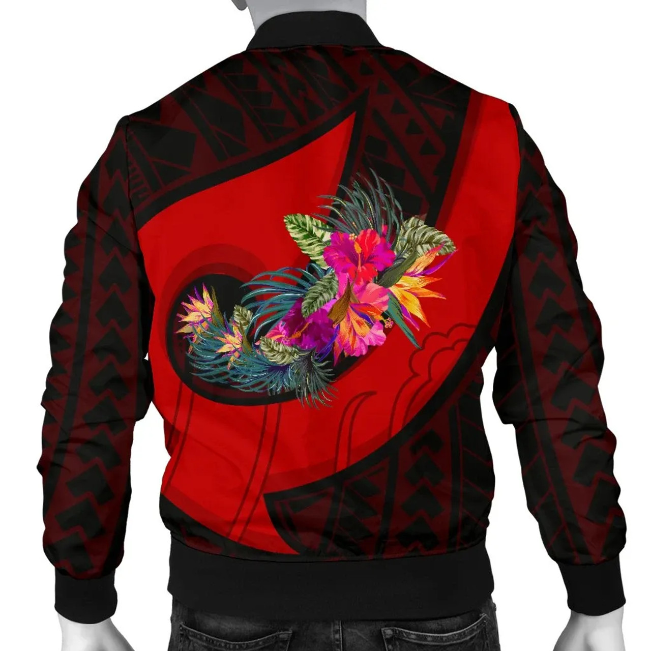 Yap Bomber Jacket - Polynesian Hook And Hibiscus (Red) 2