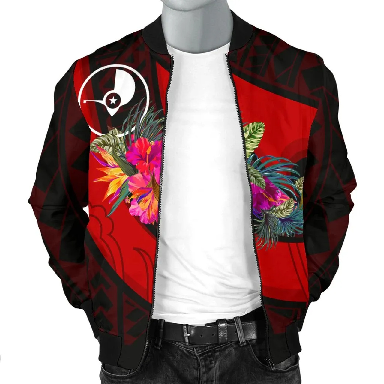 Yap Bomber Jacket - Polynesian Hook And Hibiscus (Red) 3