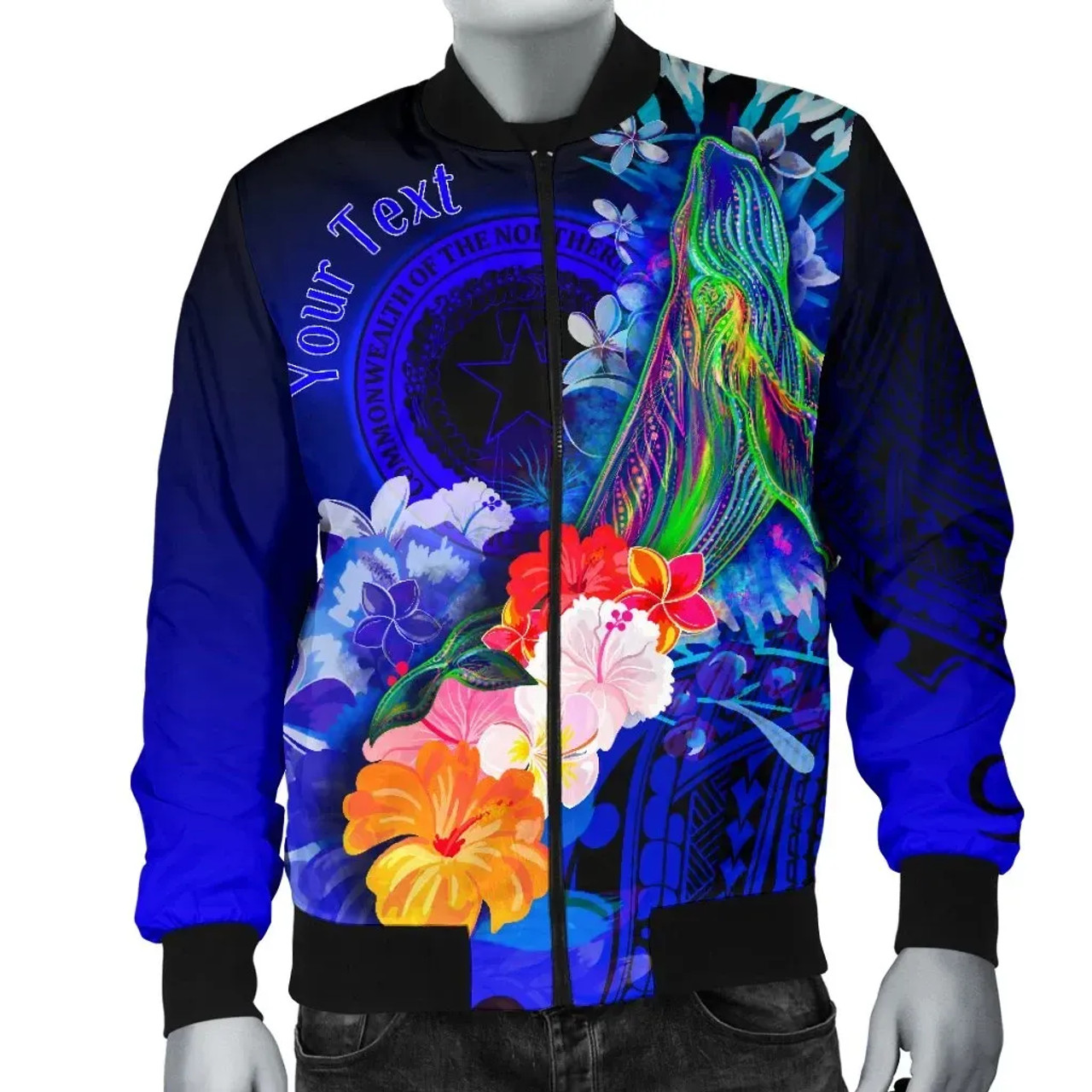 CNMI Custom Personalised Bomber Jacket - Humpback Whale with Tropical Flowers (Blue) 1