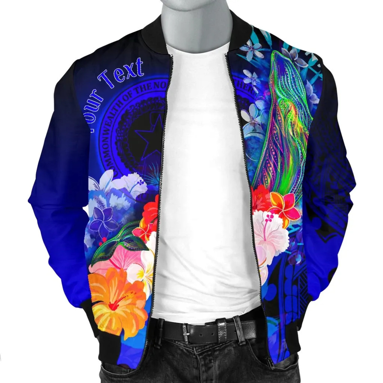 CNMI Custom Personalised Bomber Jacket - Humpback Whale with Tropical Flowers (Blue) 4