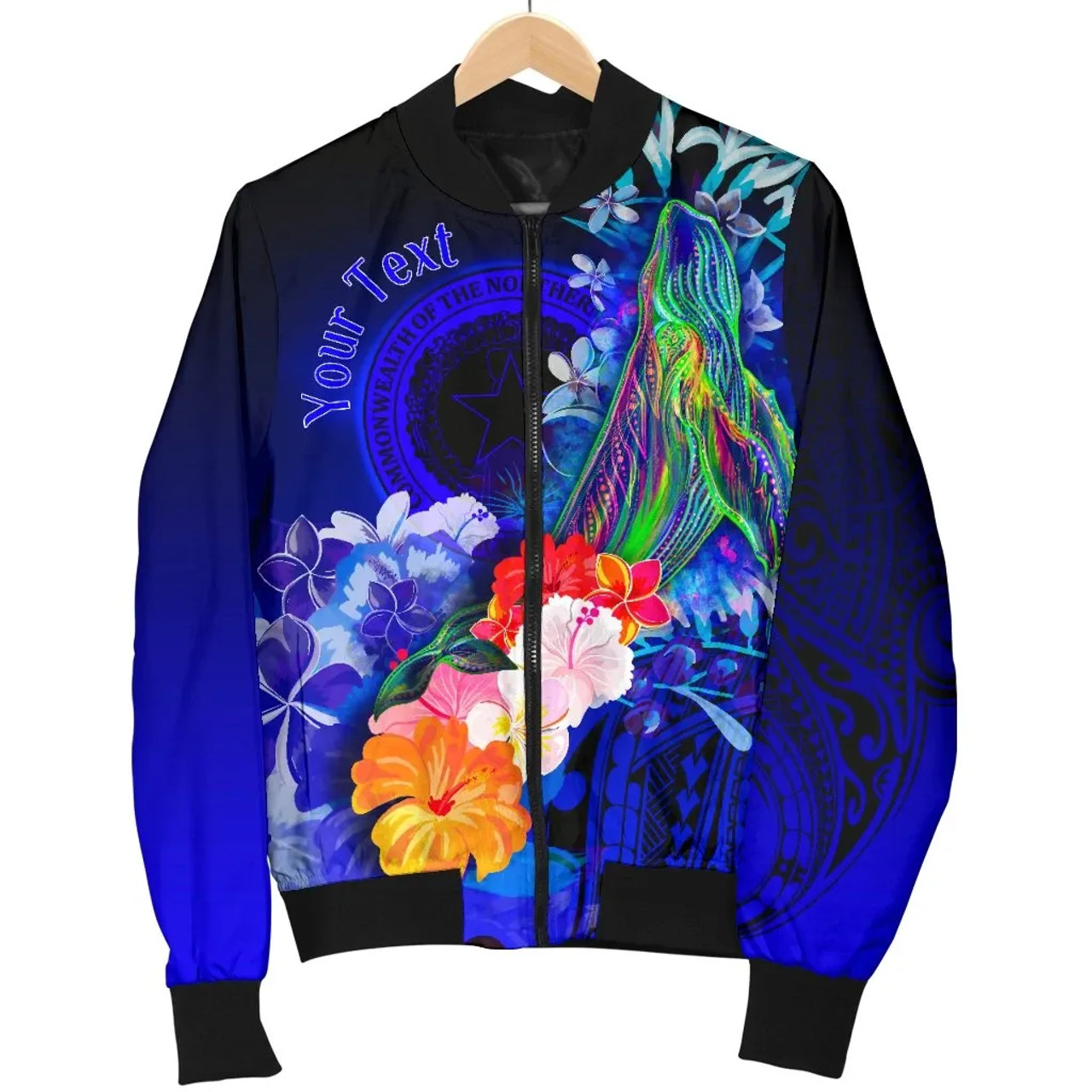 CNMI Custom Personalised Bomber Jacket - Humpback Whale with Tropical Flowers (Blue) 5