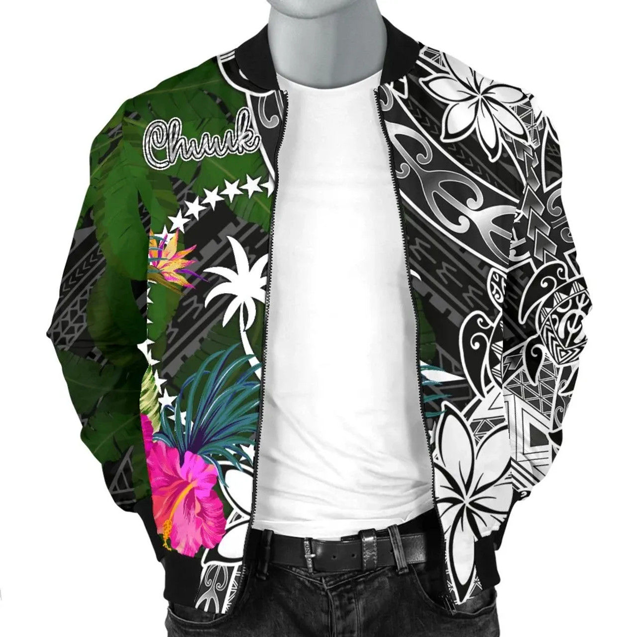 Chuuk Bomber Jacket - Turtle Plumeria Banana Leaf 3