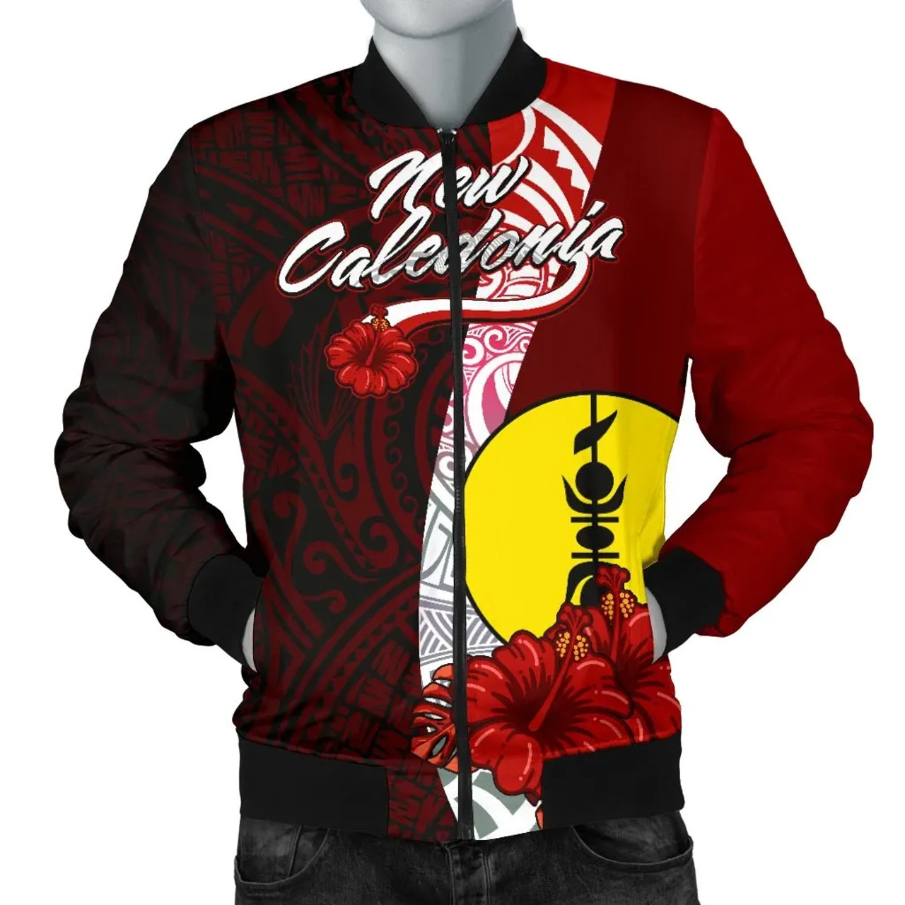 New Caledonia Polynesian Bomber Jacket - Coat Of Arm With Hibiscus 1