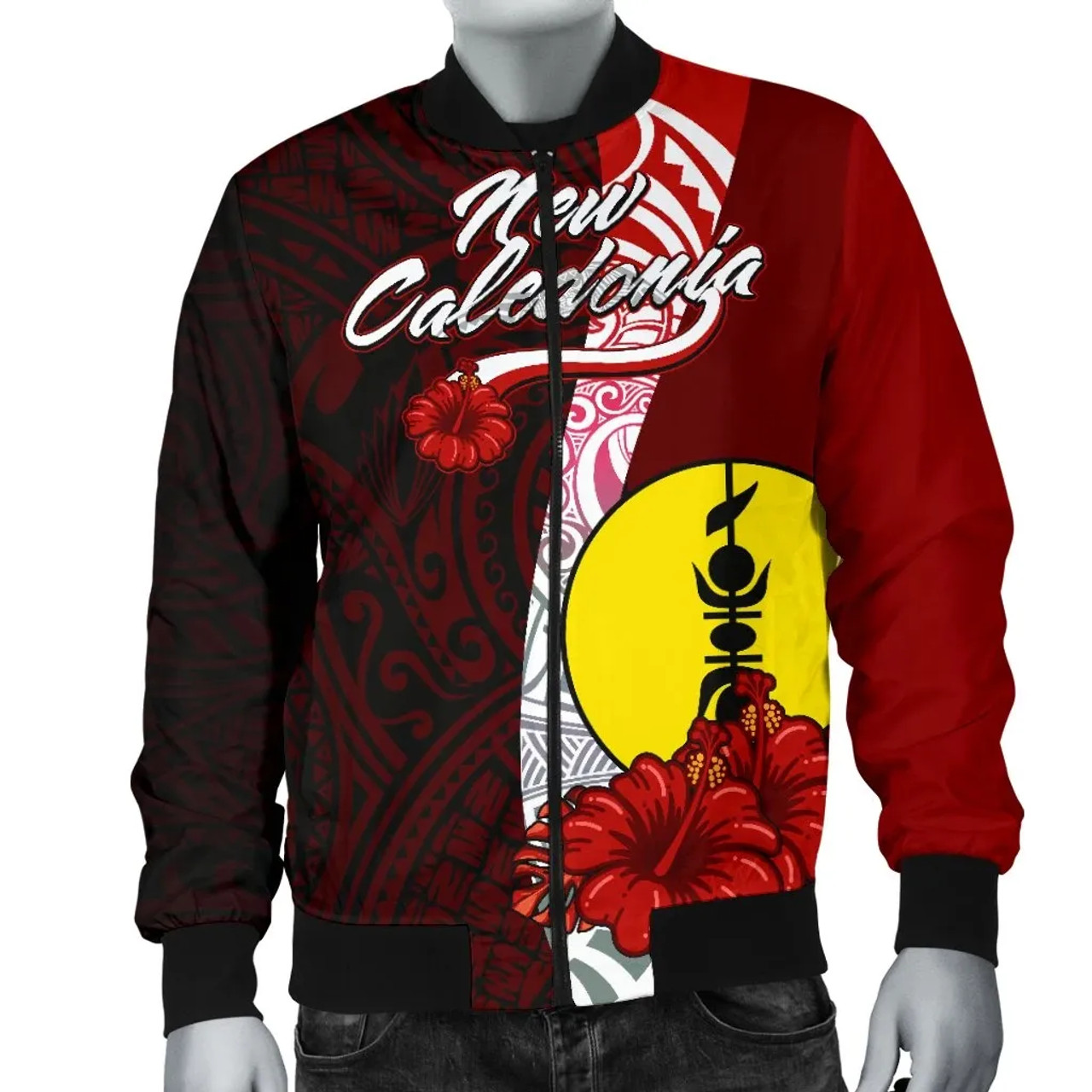 New Caledonia Polynesian Bomber Jacket - Coat Of Arm With Hibiscus 4