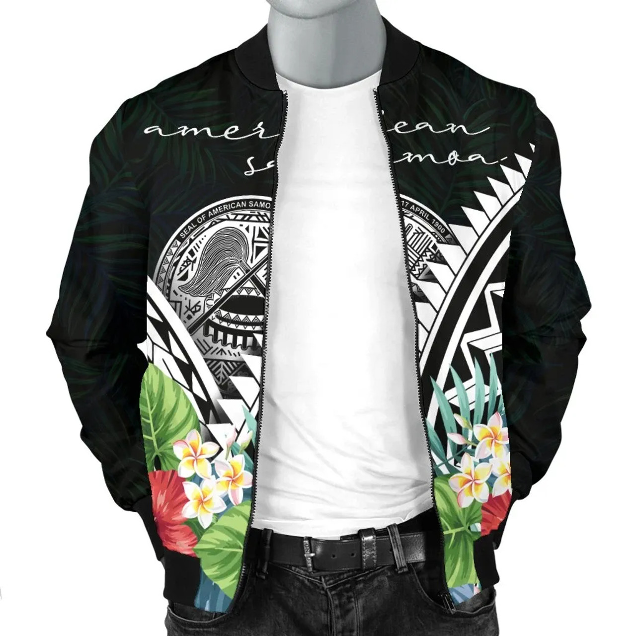 American Samoa Bomber Jacket - Yap Coat of Arms & Polynesian Tropical Flowers White 3