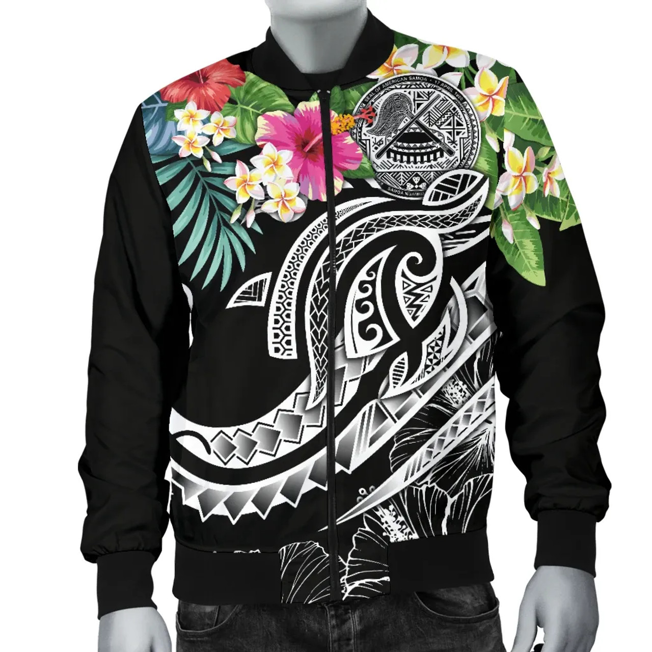 Polynesian American Samoa Bomber Jacket - Summer Plumeria (Black) 4