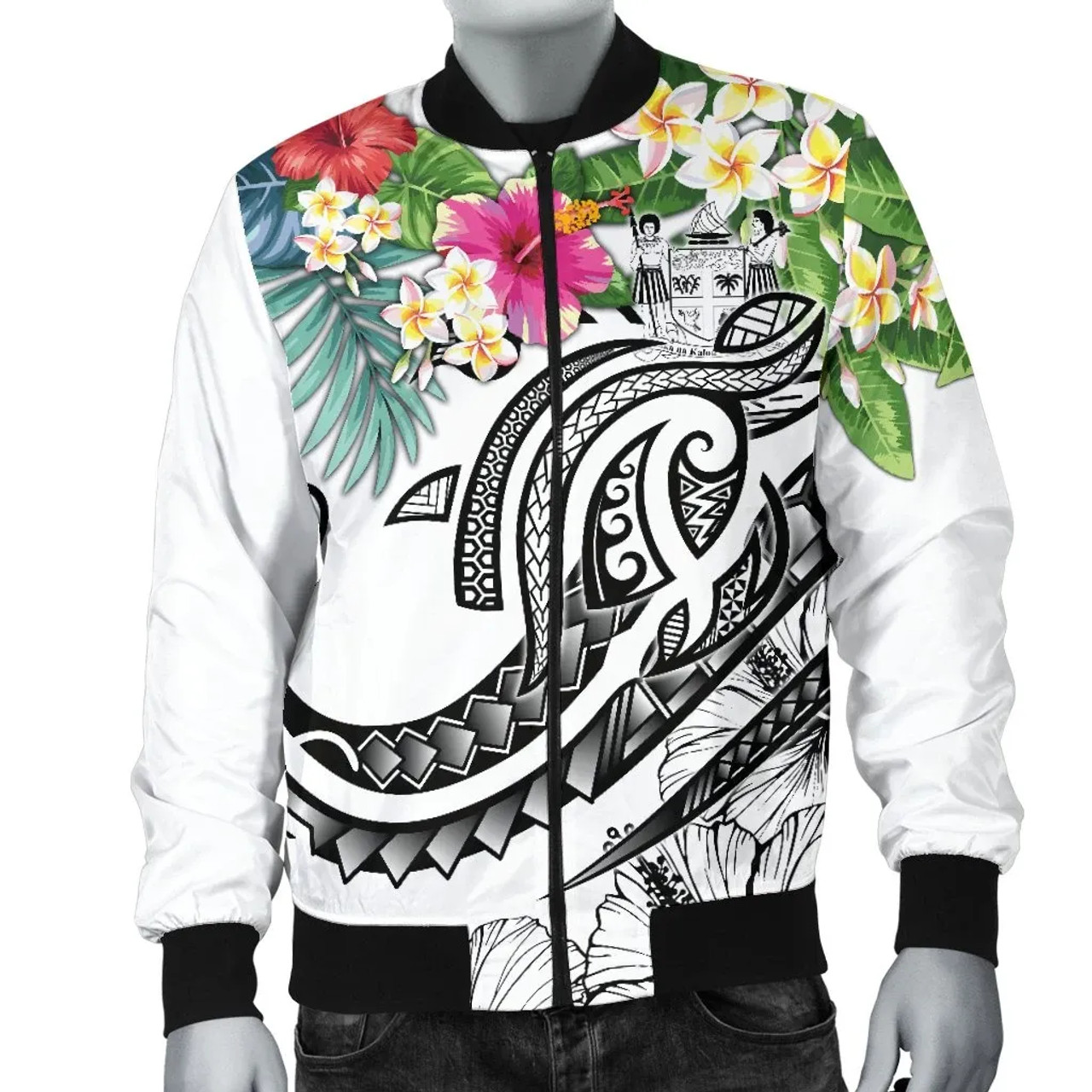 Fiji Polynesian Bomber Jacket - Summer Plumeria (White) 4