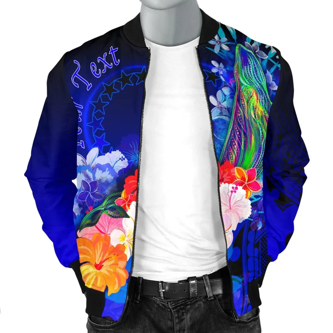 Cook Islands Custom Personalised Bomber Jacket - Humpback Whale with Tropical Flowers (Blue) 3