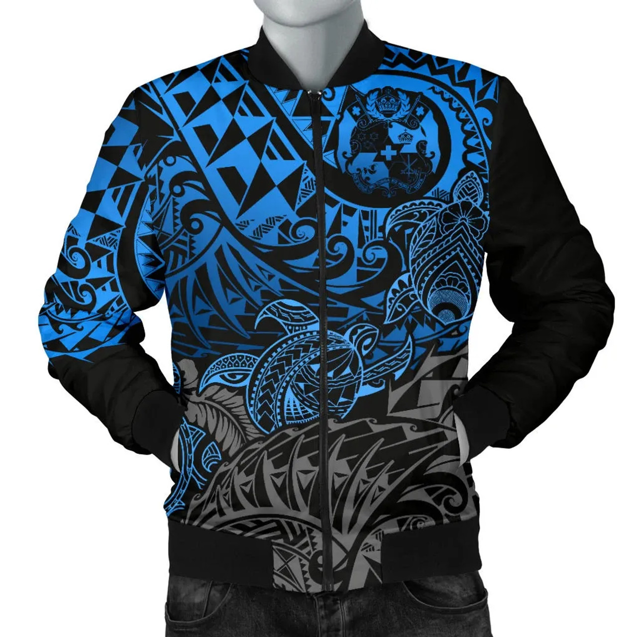 Tonga Polynesian Bomber Jacket - Blue Turtle Flowing 1