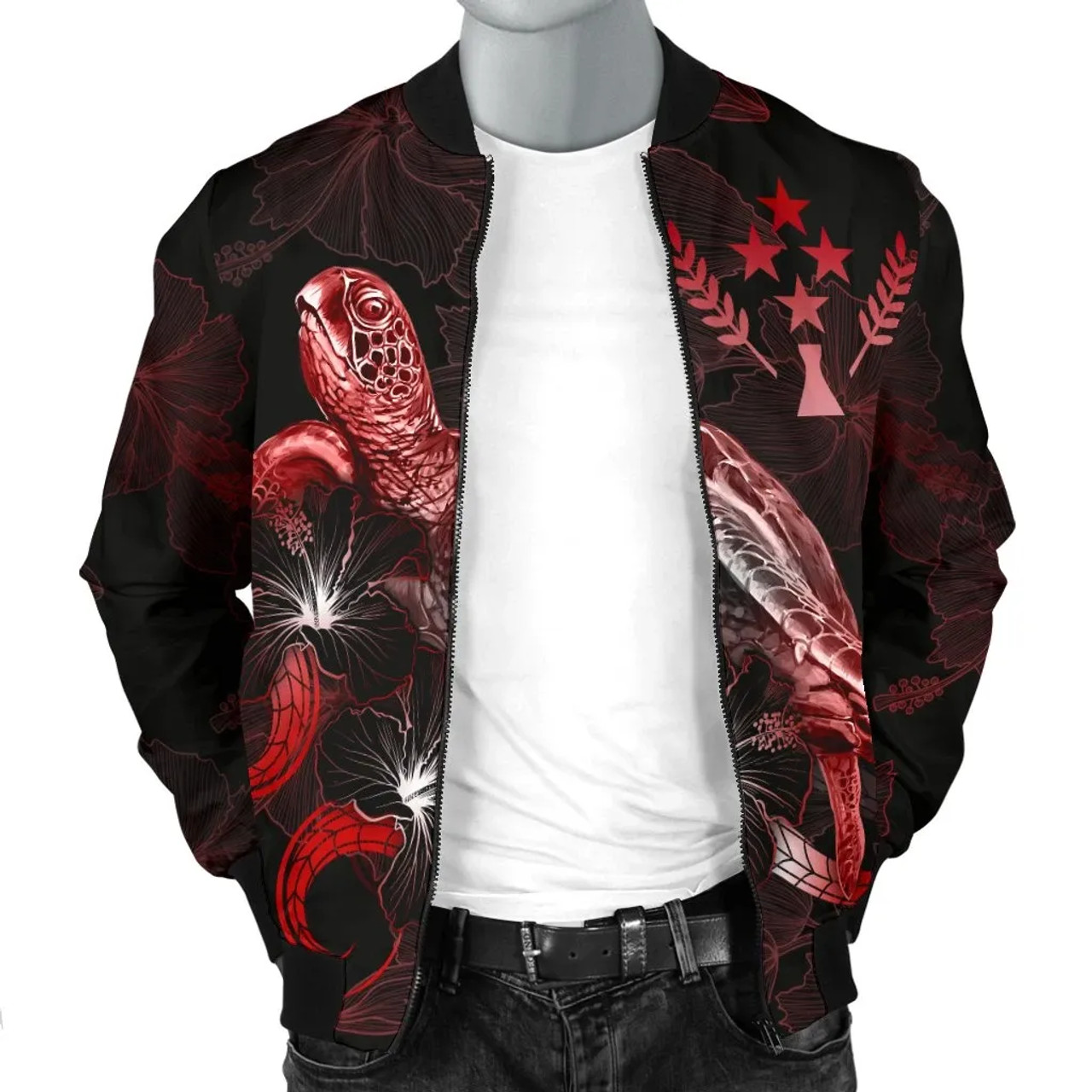 Kosrae Polynesian Bomber Jacket - Turtle With Blooming Hibiscus Red 3