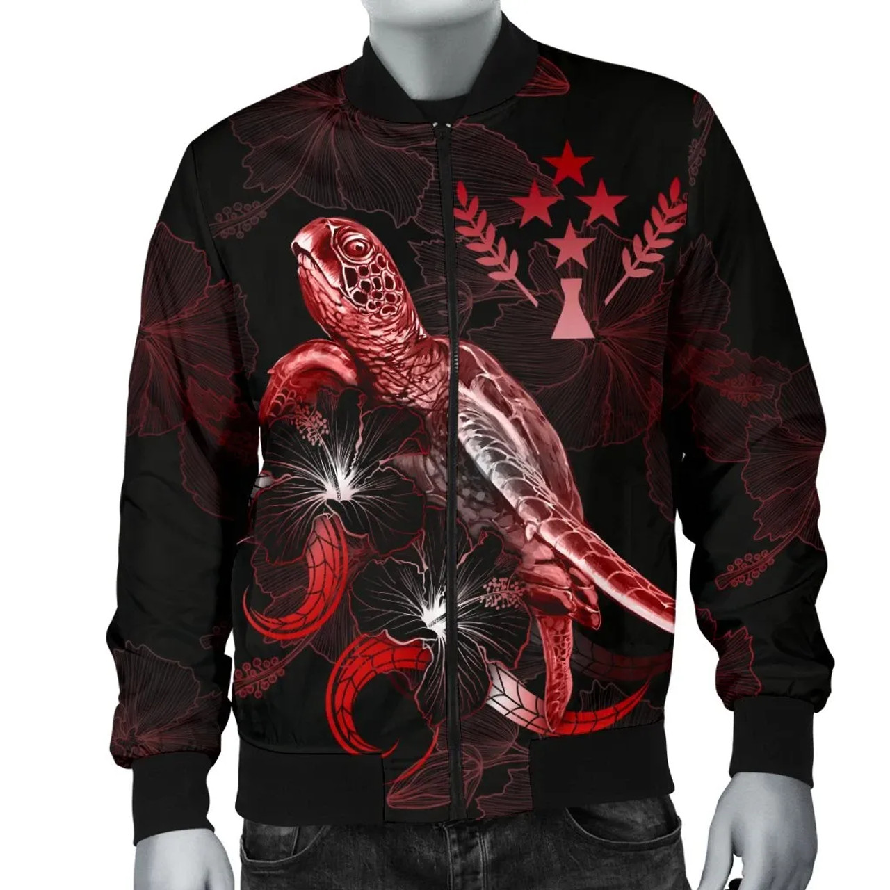 Kosrae Polynesian Bomber Jacket - Turtle With Blooming Hibiscus Red 4