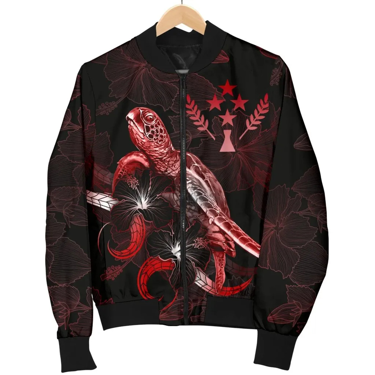 Kosrae Polynesian Bomber Jacket - Turtle With Blooming Hibiscus Red 5