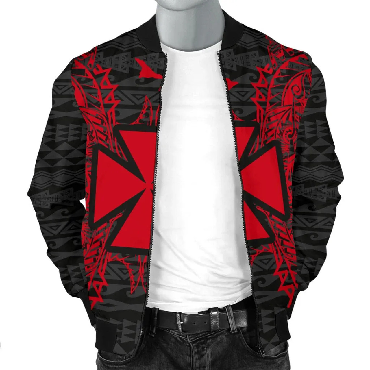 Wallis And Futuna Polynesian Bomber Jacket Map Red 3