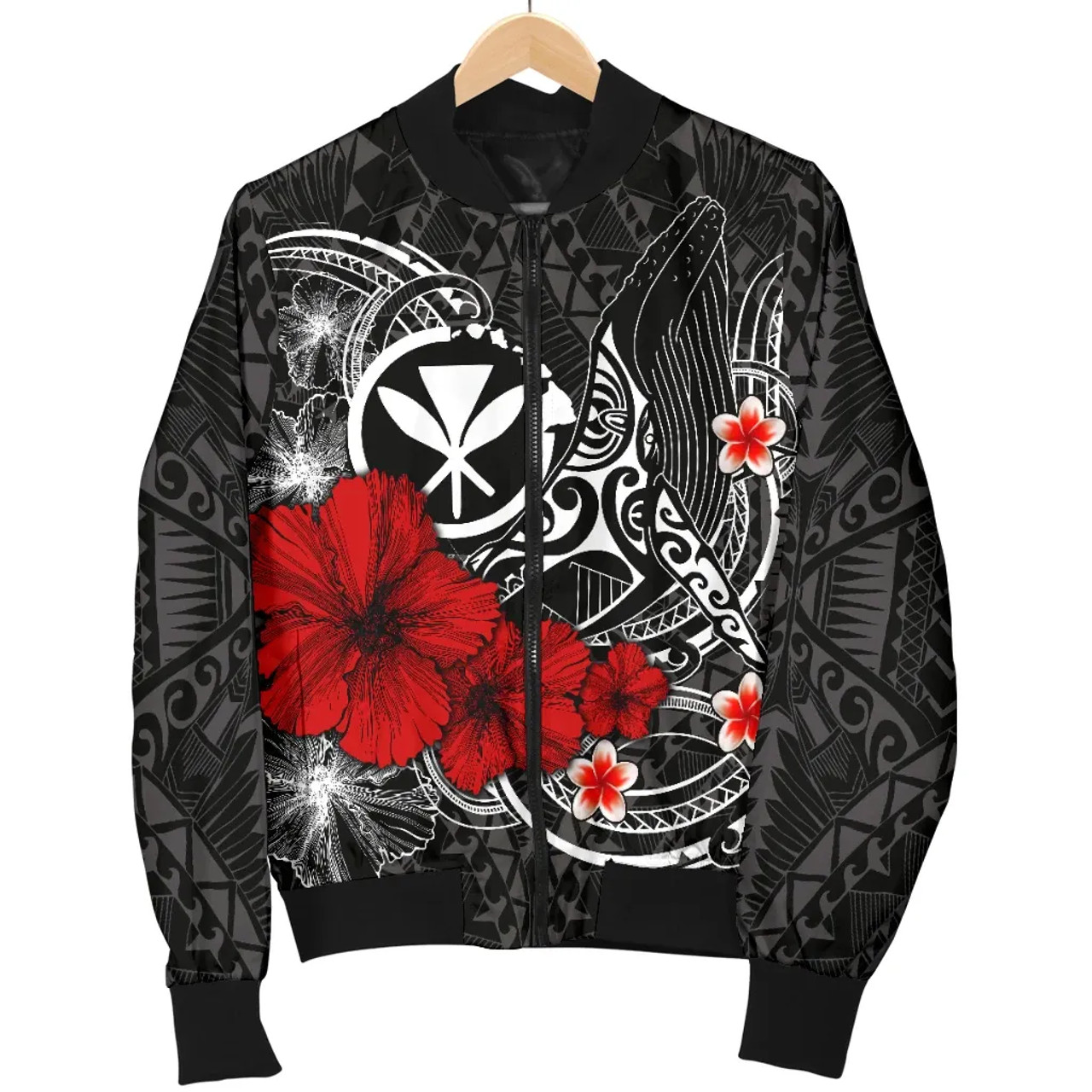 Polynesian Hawaii Kanaka Maoli Bomber Jacket - Humpback Whale with Hibiscus (White) 5