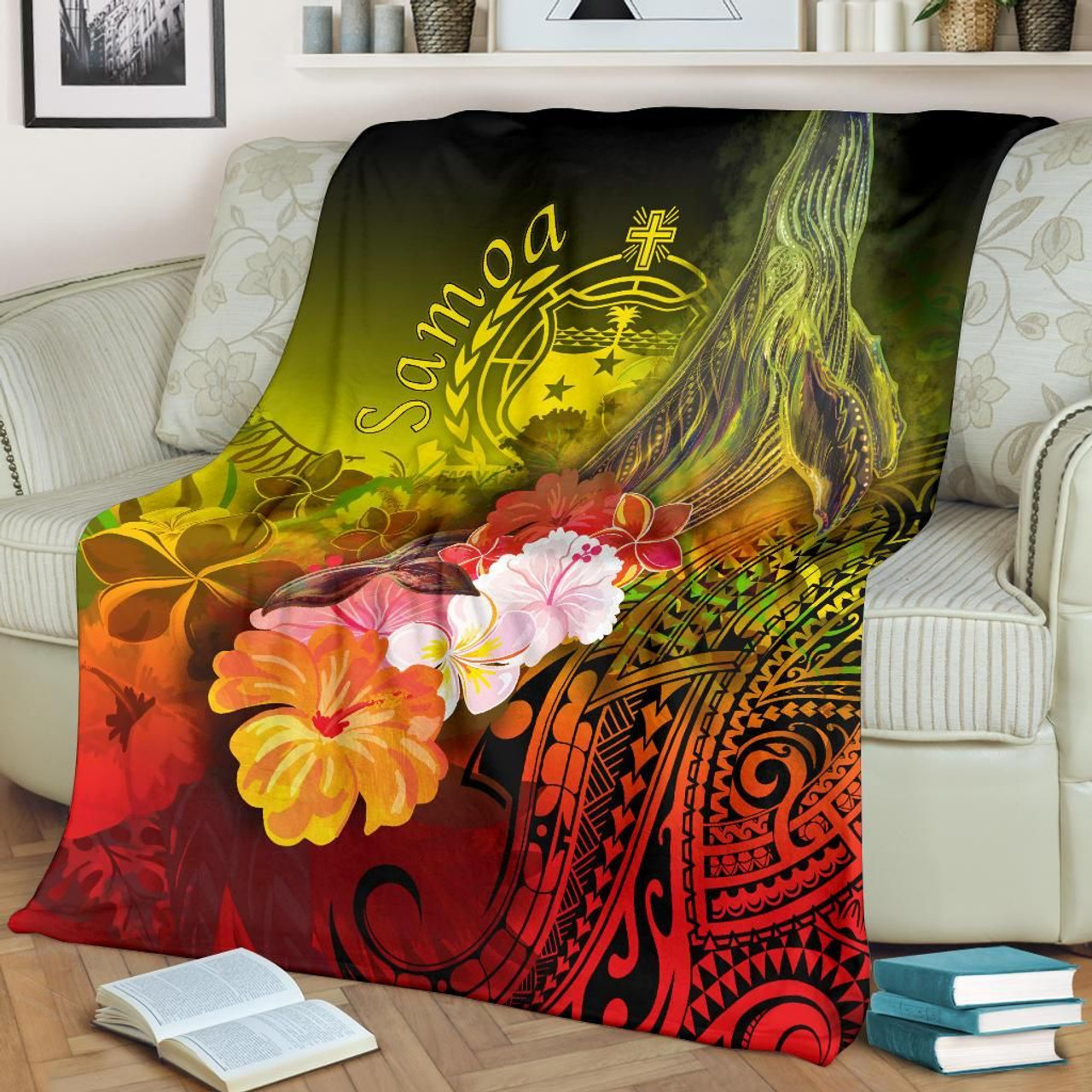Samoa Premium Blanket- Humpback Whale with Tropical Flowers (Yellow) 2