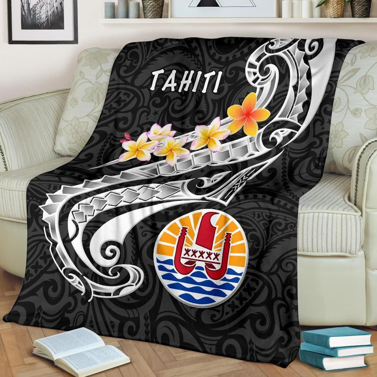 Tahiti Premium Blanket - Tahiti Seal Polynesian Patterns Plumeria (Black) 1