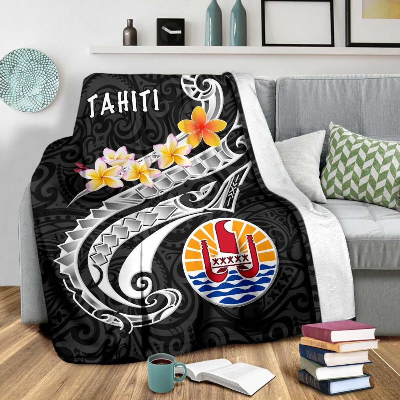Tahiti Premium Blanket - Tahiti Seal Polynesian Patterns Plumeria (Black) 4