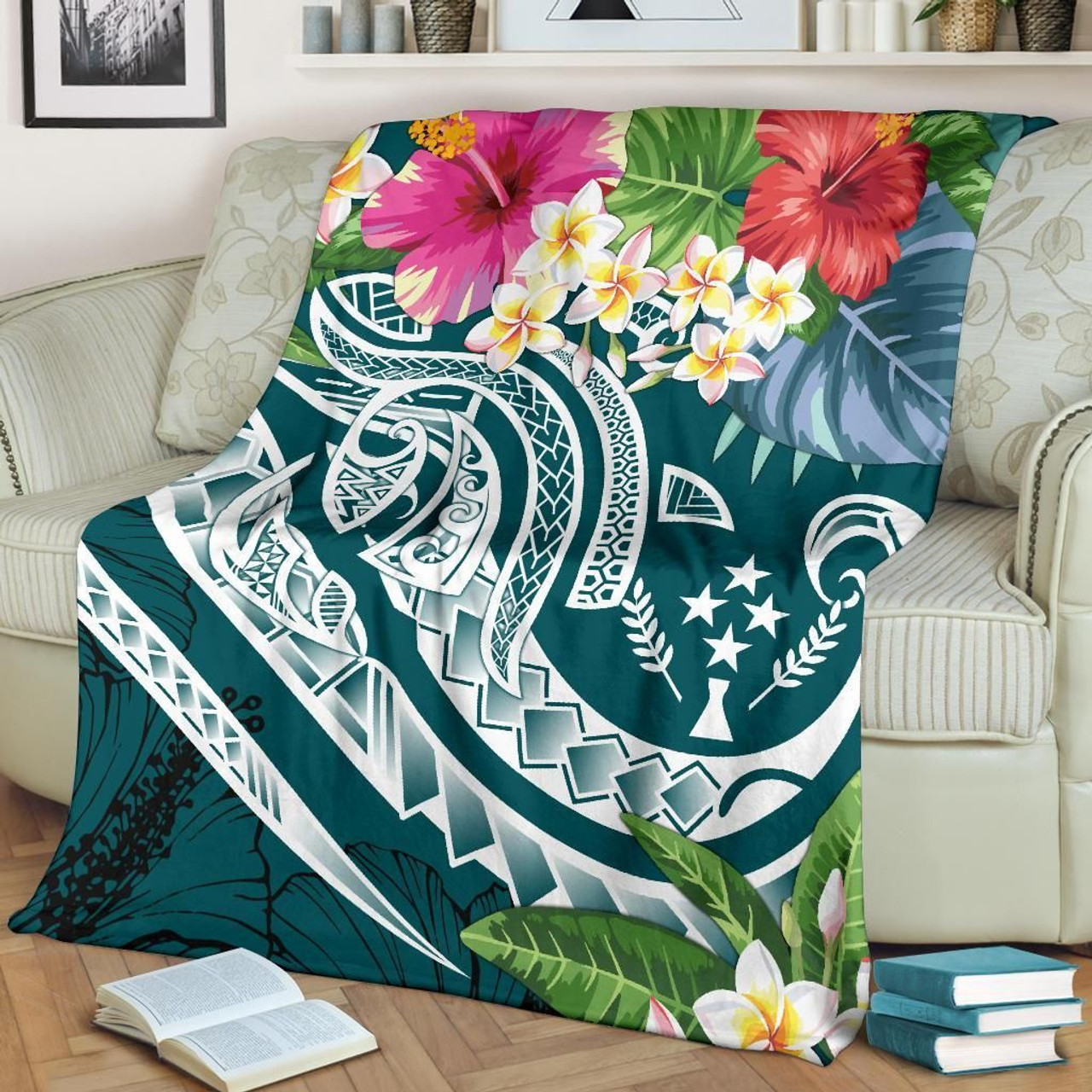 Kosrae Polynesian Premium Blanket - Summer Plumeria (Turquoise) 2