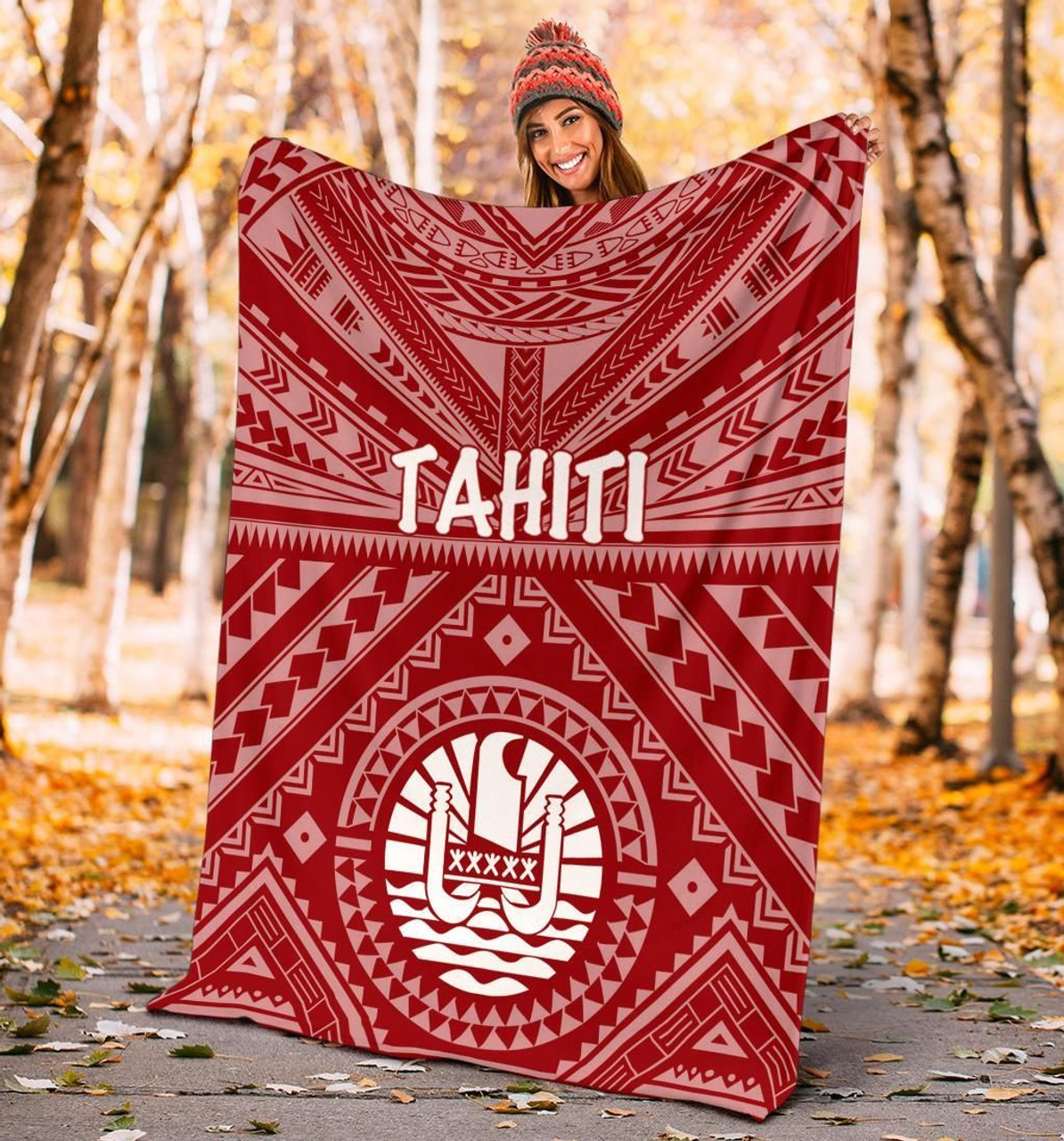Tahiti Premium Blanket - Tahiti Seal In Polynesian Tattoo Style (Red) 4