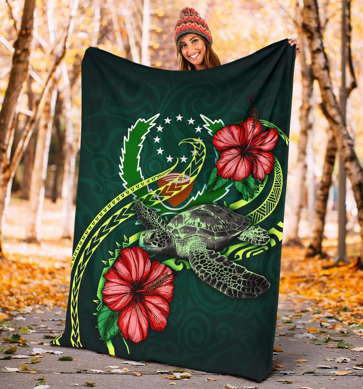 Pohnpei Polynesian Premium Blanket - Green Turtle Hibiscus 4