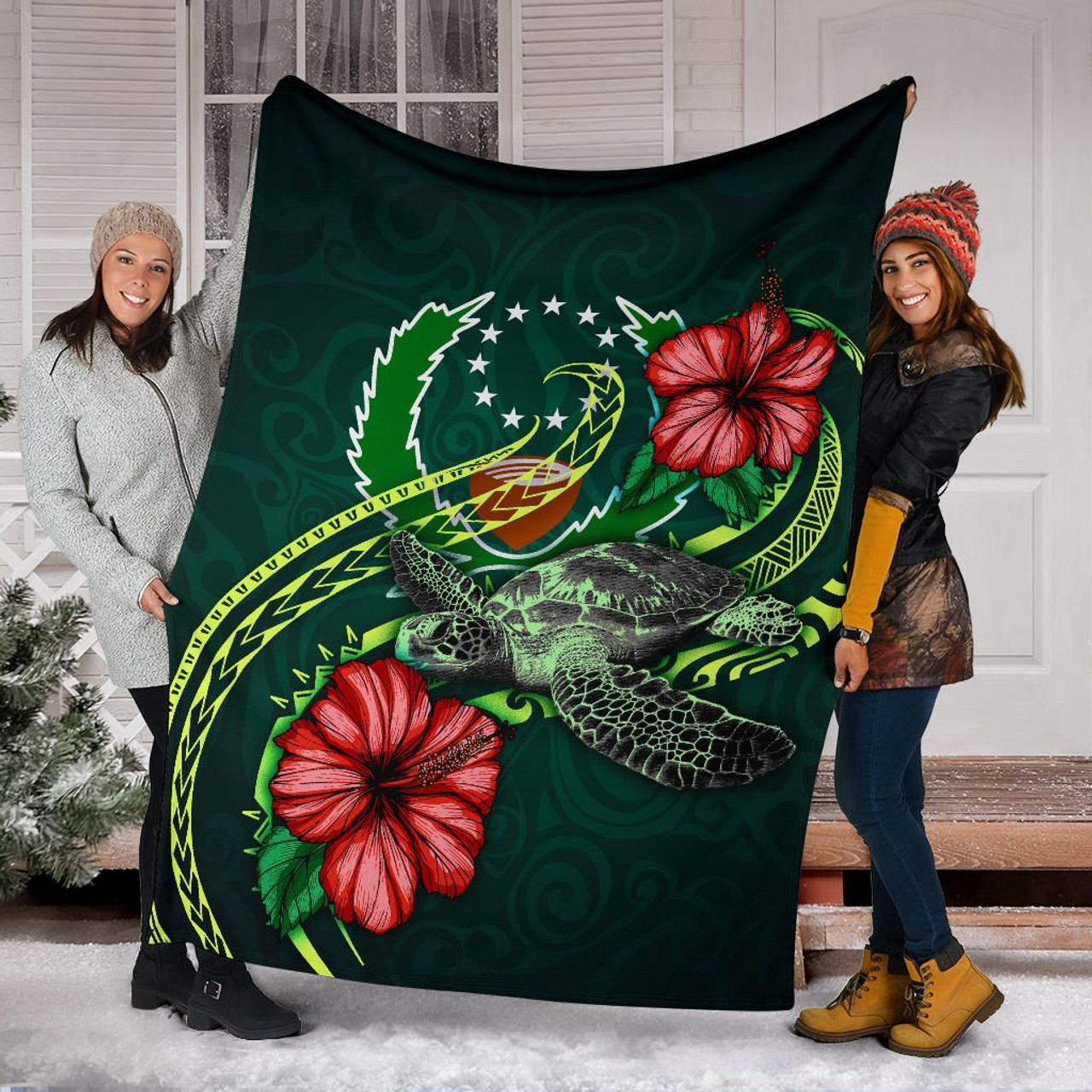 Pohnpei Polynesian Premium Blanket - Green Turtle Hibiscus 6