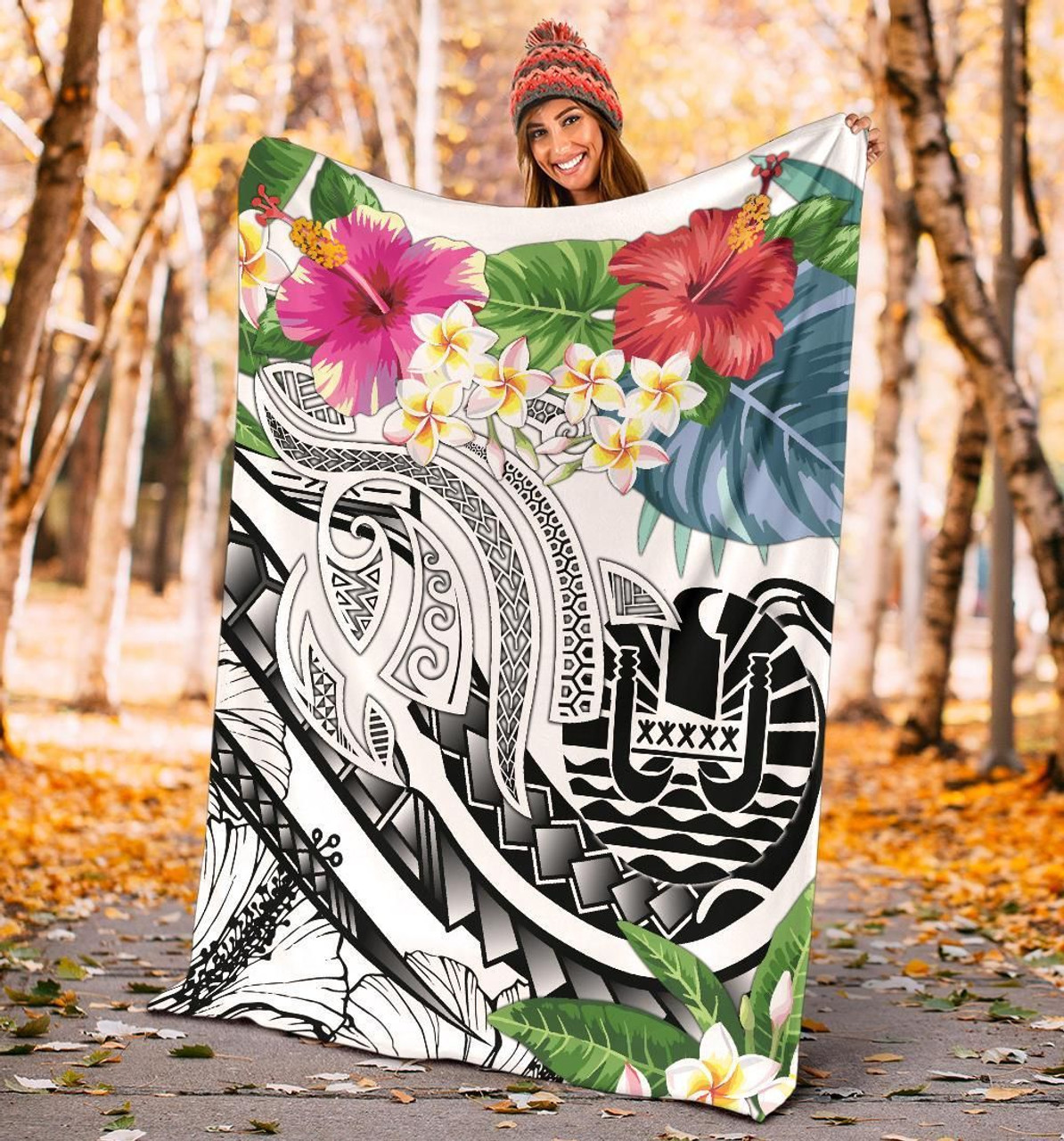 Tahiti Polynesian Premium Blanket - Summer Plumeria (White) 4