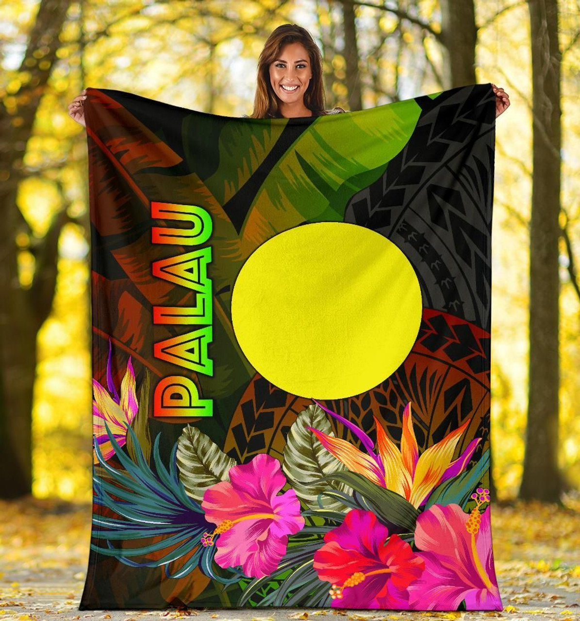 Palau Polynesian Premium Blanket -  Hibiscus and Banana Leaves 5