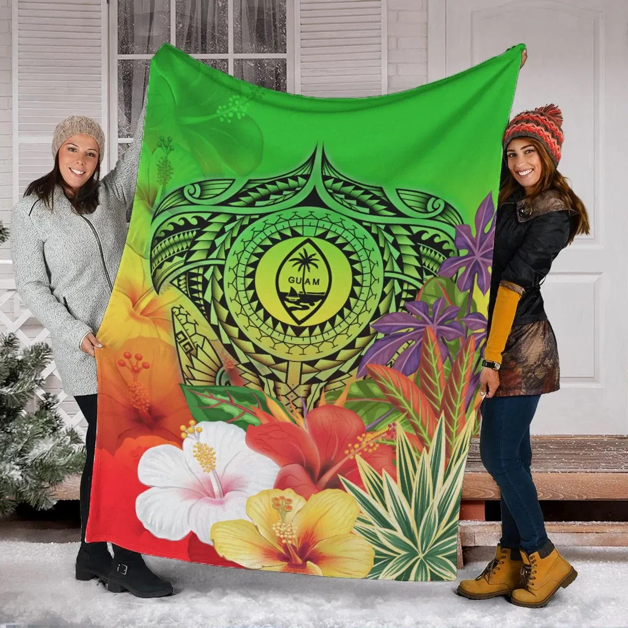 Guam Premium Blanket - Manta Ray Tropical Flowers (Green) 5