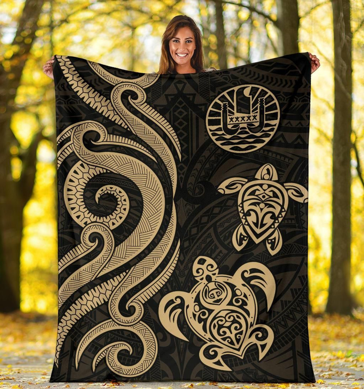 Tahiti Polynesian Premium Blanket - Gold Tentacle Turtle 5