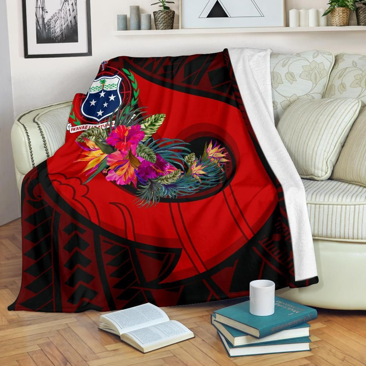 Samoa Premium Blanket - Polynesian Hook And Hibiscus (Red) 2
