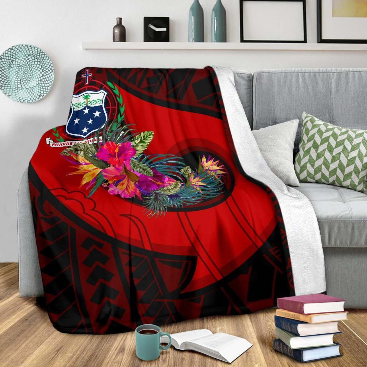 Samoa Premium Blanket - Polynesian Hook And Hibiscus (Red) 3