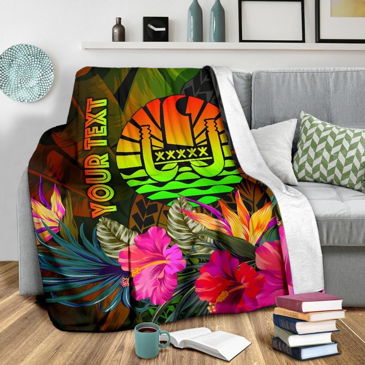 Tahiti Polynesian Personalised Premium Blanket -  Hibiscus and Banana Leaves 3