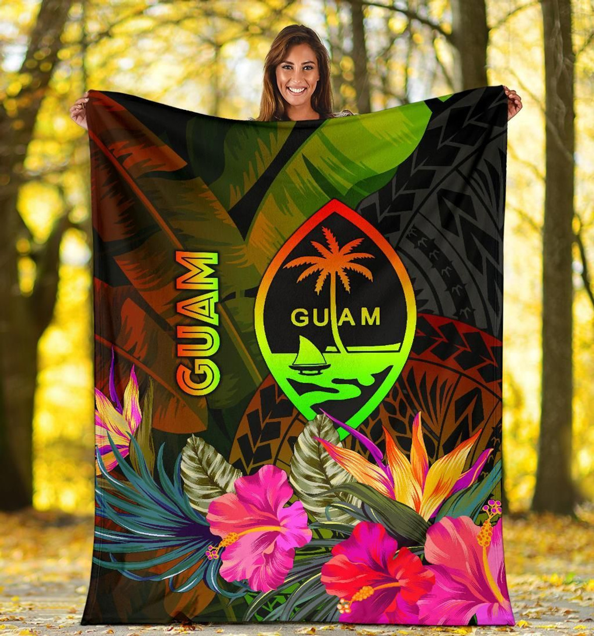 Guam Polynesian Premium Blanket -  Hibiscus and Banana Leaves 5