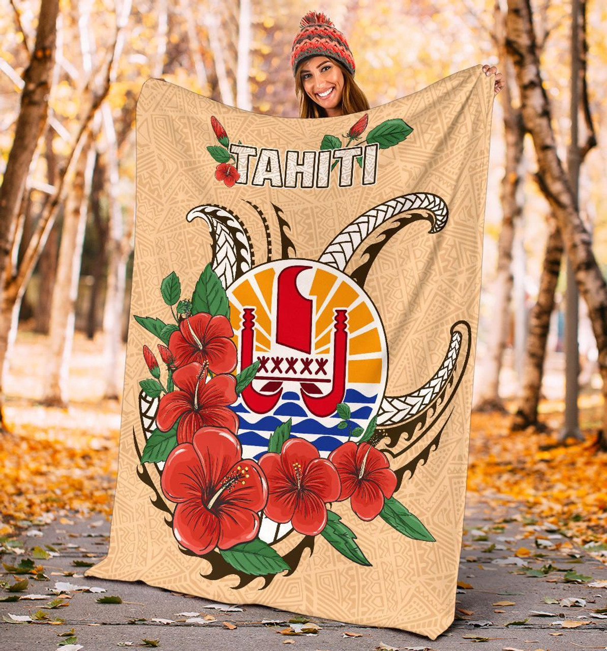Tahiti Polynesian Premium Blanket - Hibiscus Coat of Arm Beige 4