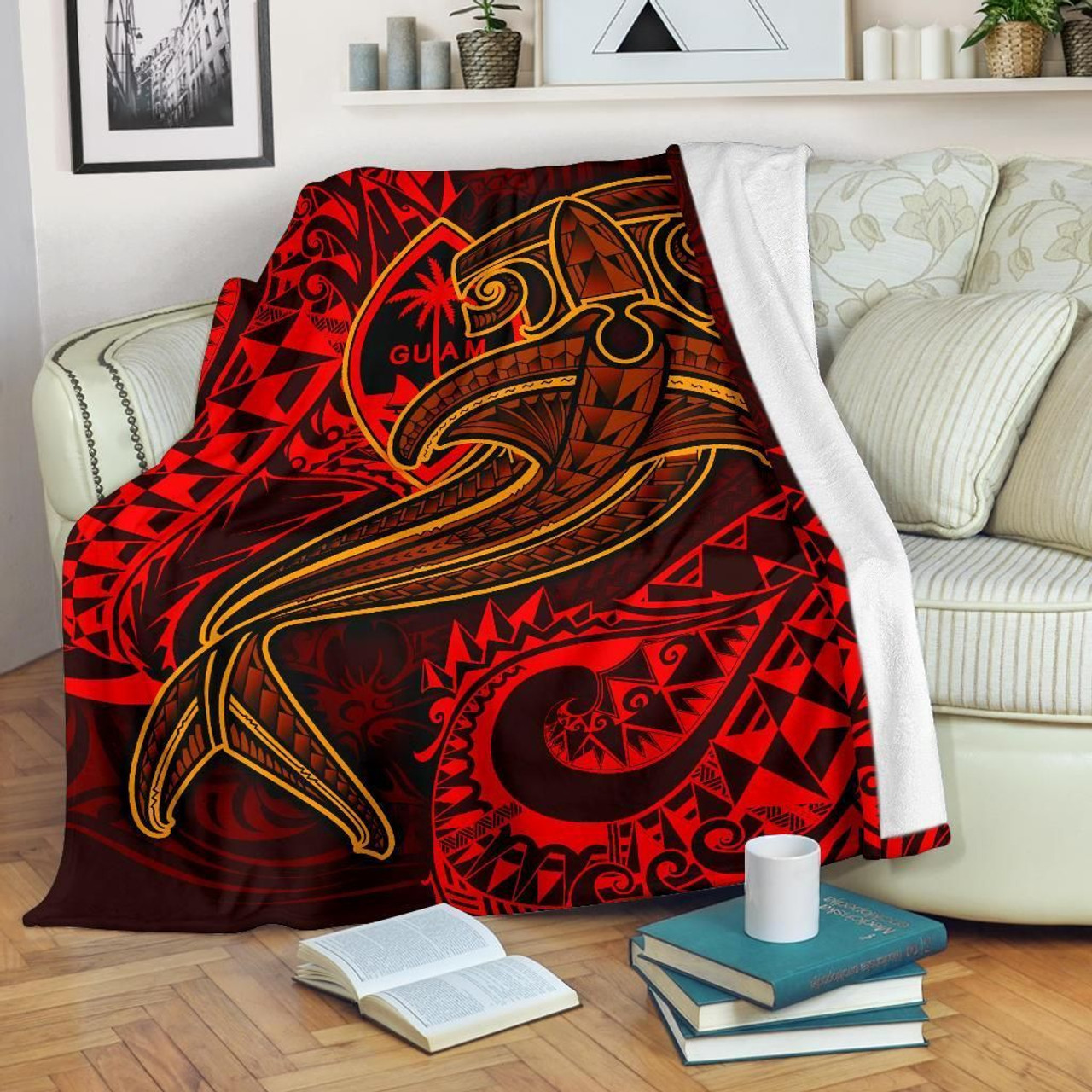 Guam Polynesian Premium Blanket - Red Shark Polynesian Tattoo 1