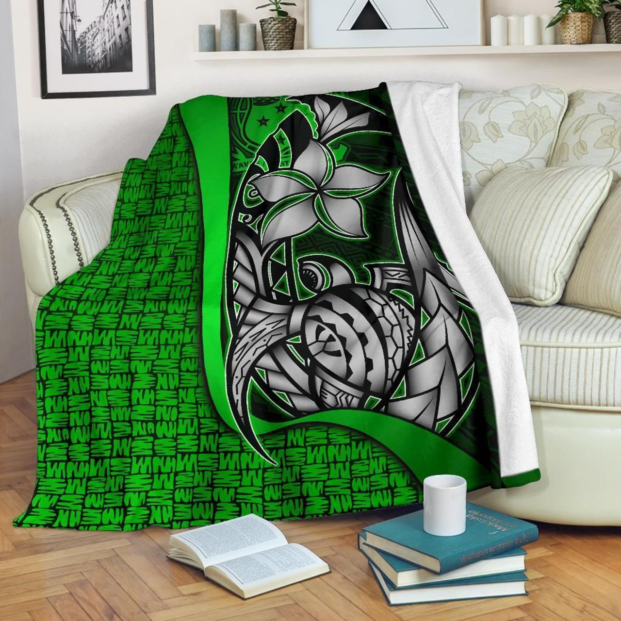 Samoa Polynesian Premium Blanket Green - Turtle With Hook 1