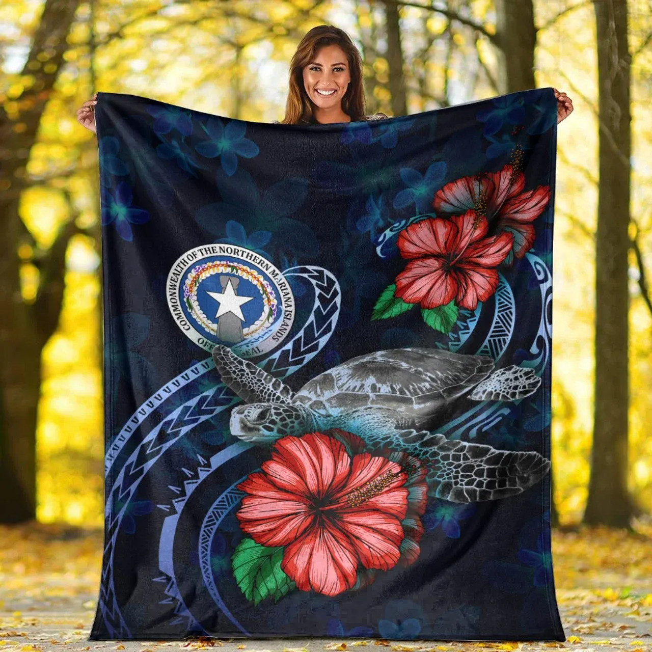 Northern Mariana Islands Polynesian Premium Blanket - Blue Turtle Hibiscus 5