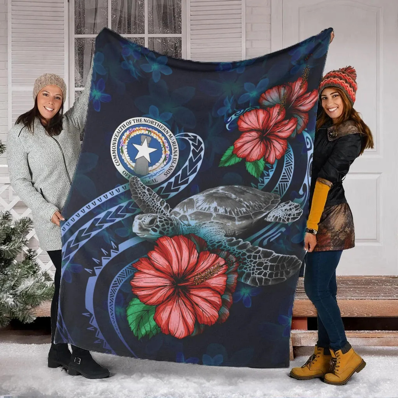 Northern Mariana Islands Polynesian Premium Blanket - Blue Turtle Hibiscus 6