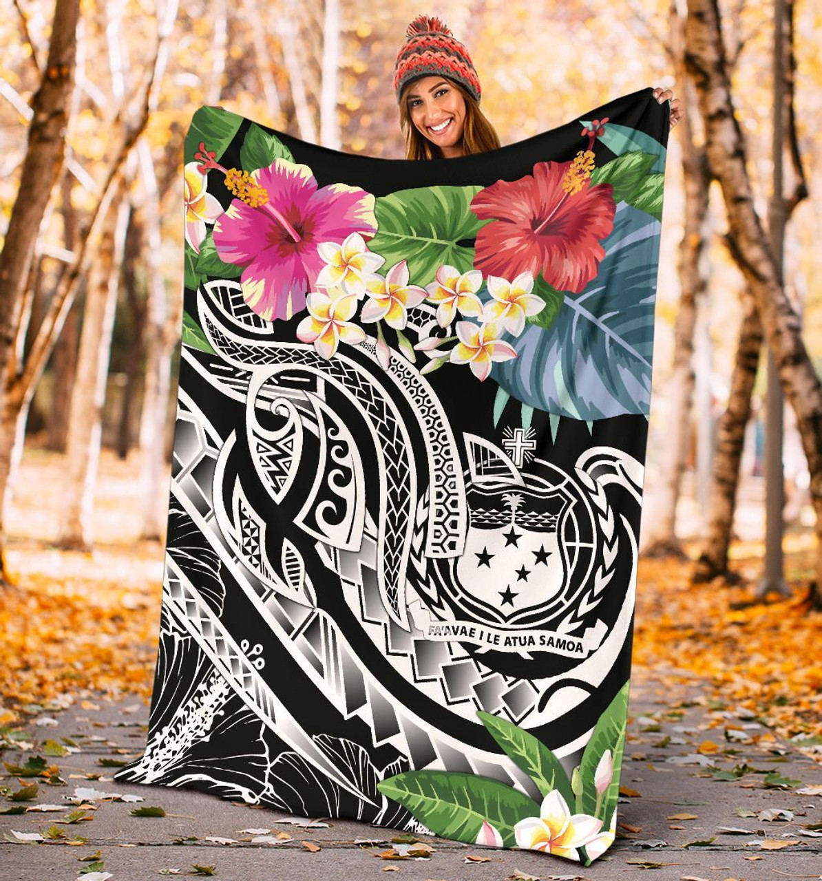 Polynesian Samoa Premium Blanket - Summer Plumeria (Black) 4