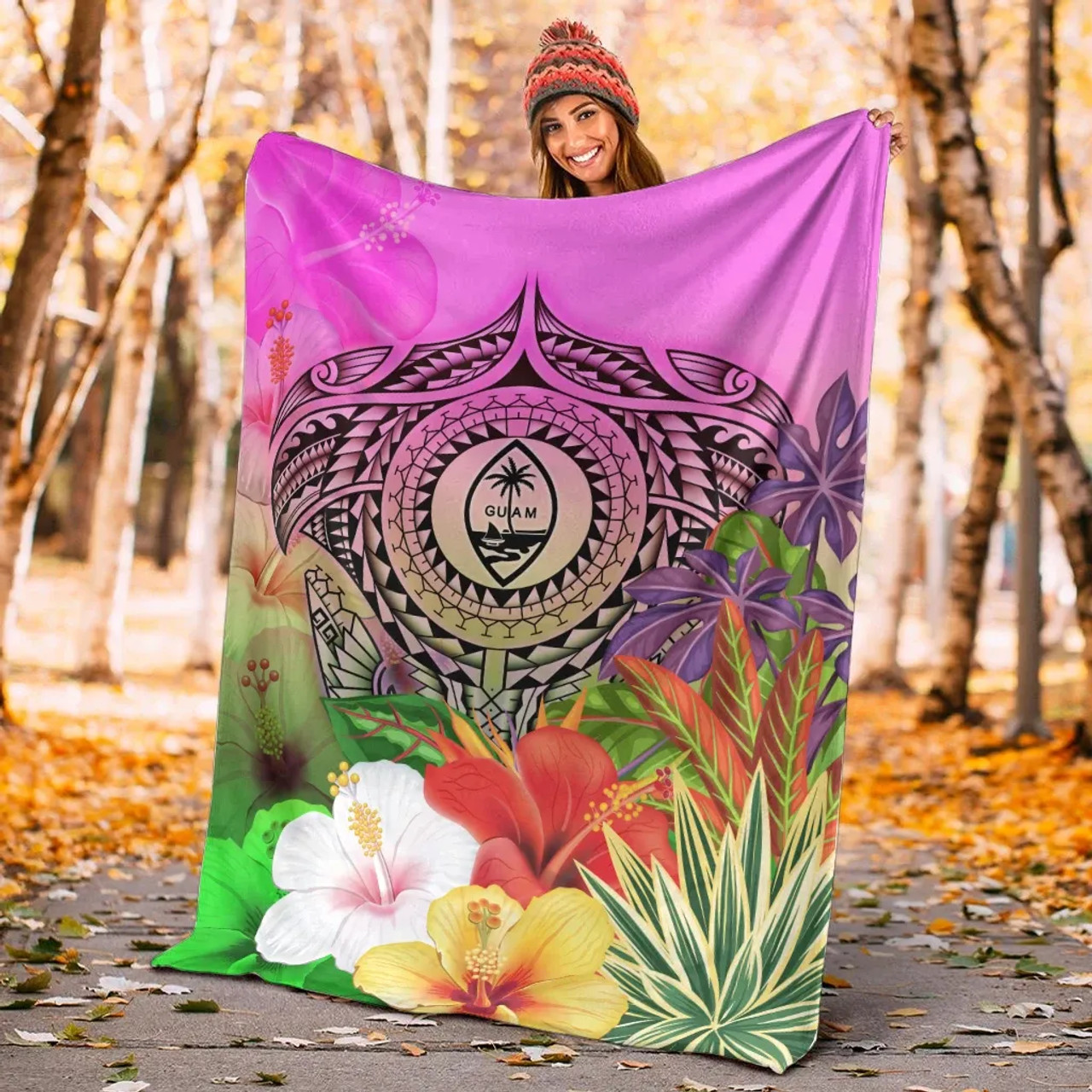 Guam Polynesian Premium Blanket - Manta Ray Tropical Flowers 4